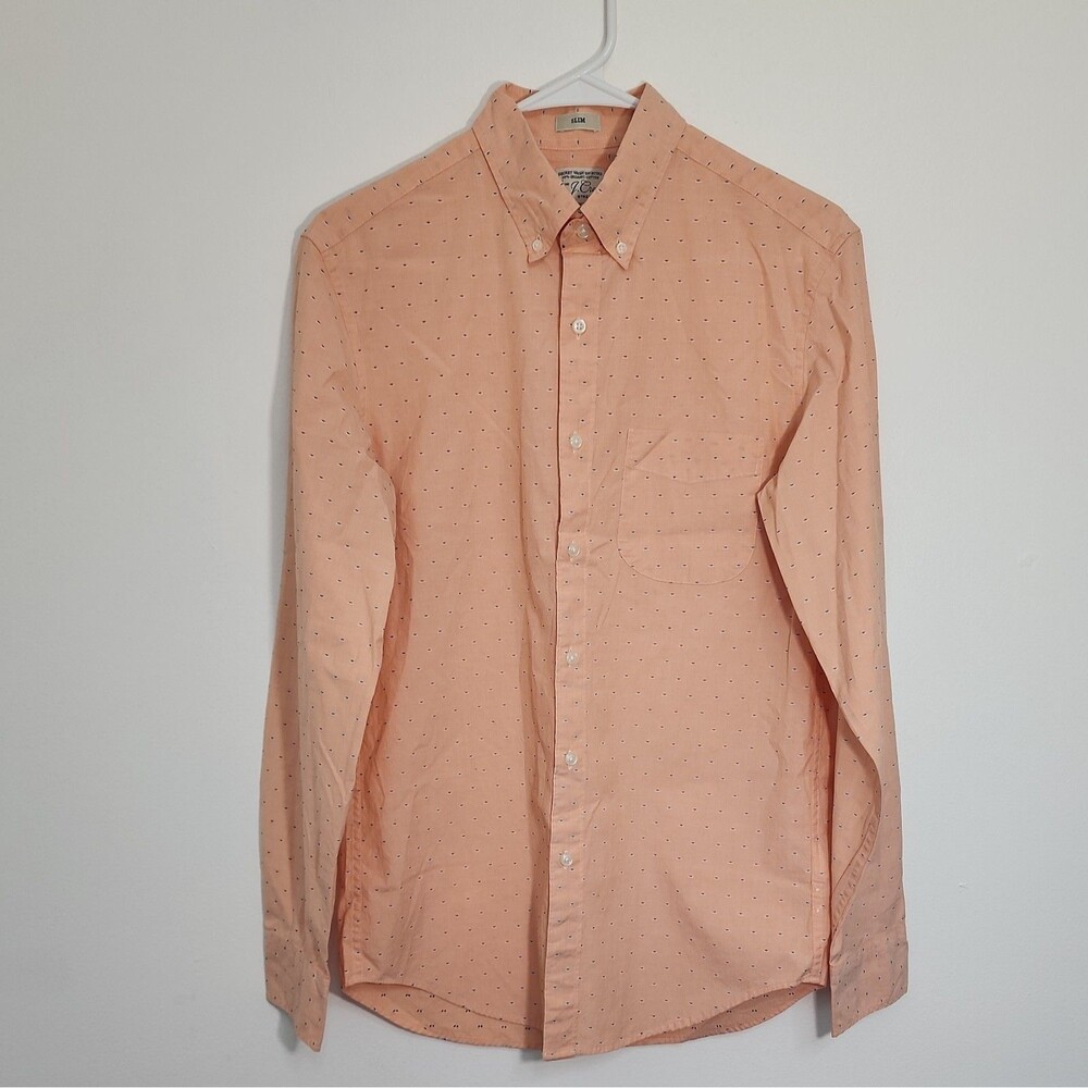 J Crew Mens Button Up Shirt Sz Small Slim Stretch Organic Cotton Blush Orange